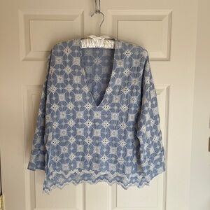 Zara XS blue and white oversized blouse long sleeve 3/4 length